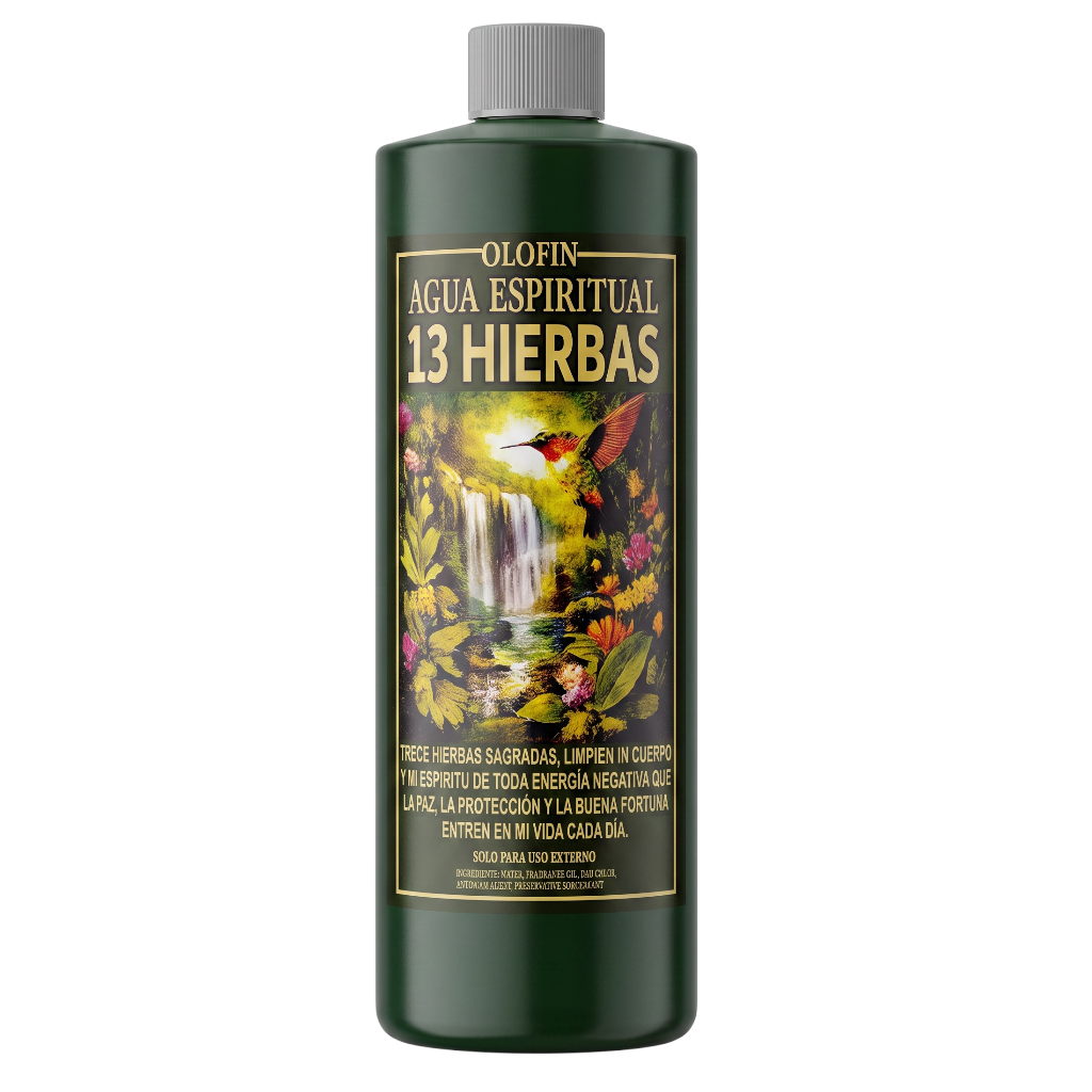 A dark green bottle of Olofin Agua Espiritual 13 Hierbas herbal water, featuring a detailed label with a waterfall, hummingbirds, and flowers, on a solid white background.