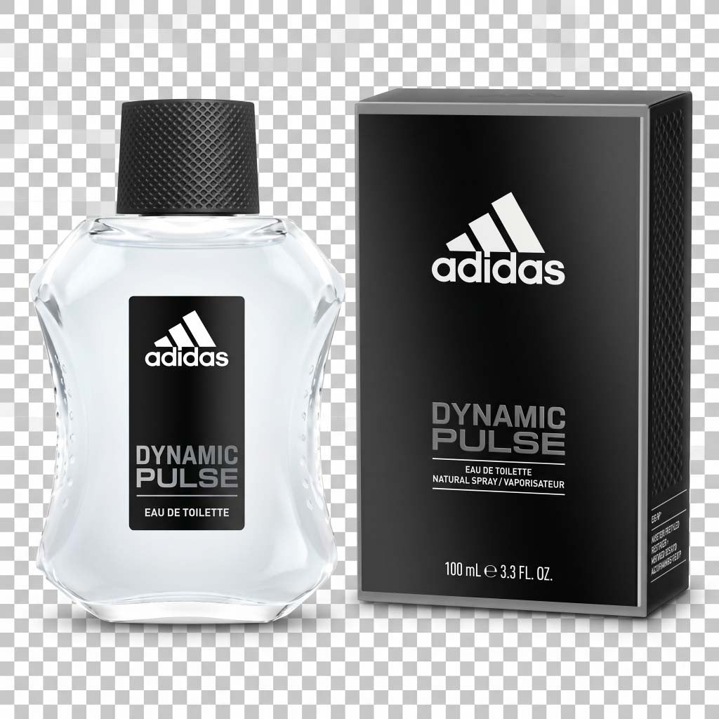 Adidas Dynamic Pulse perfume bottle and packaging on a transparent background