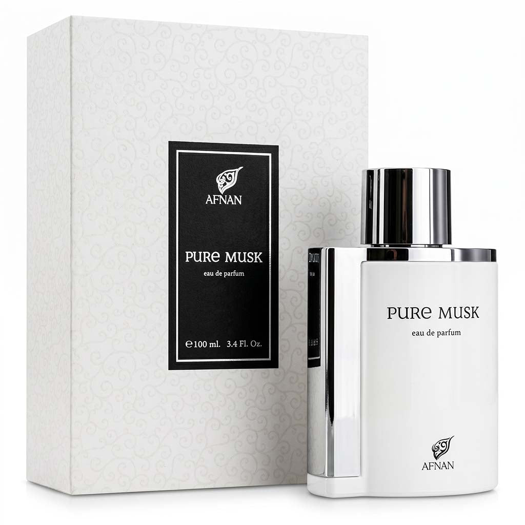 Afnan Pure Musk eau de parfum bottle and packaging on a white background