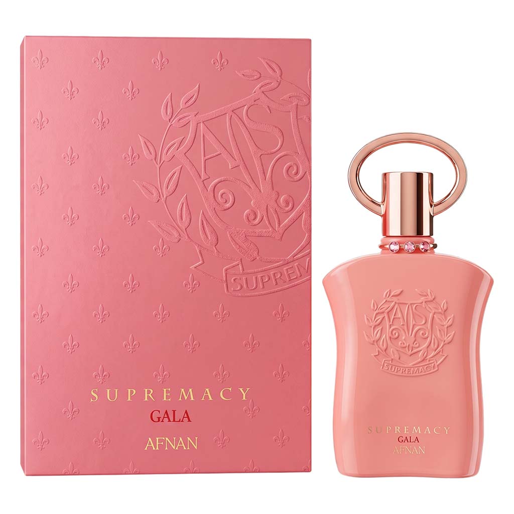 Pink perfume bottle and packaging with 'Supremacy Gala' branding on a white background