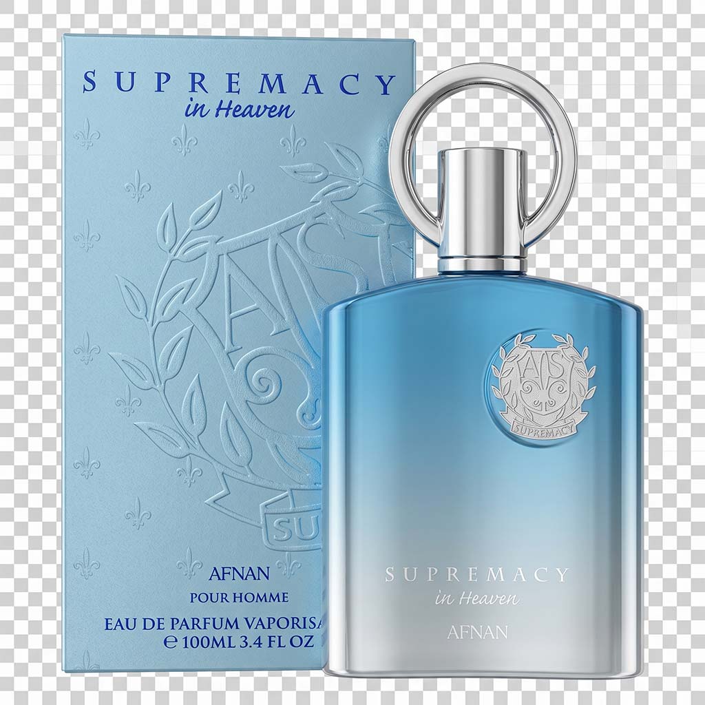 Afnan Supremacy in Heaven perfume bottle and packaging on a transparent background