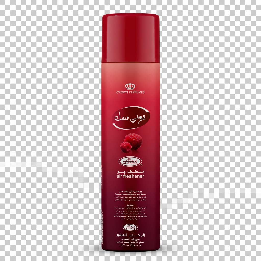 Red air freshener bottle with branding on a transparent background