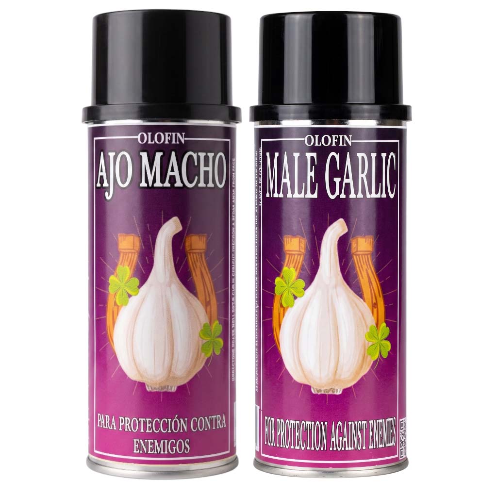 Two Olofin spray cans labeled 'Ajo Macho' and 'Male Garlic' with black caps and purple labels featuring garlic illustrations, shown on a white background.