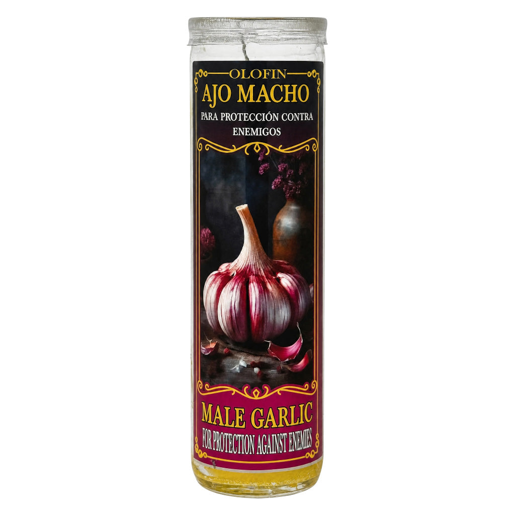 A tall glass jar candle labeled 'Olofin Ajo Macho' for protection against enemies, featuring a large illustration of a male garlic bulb on a dark label with gold and red text.