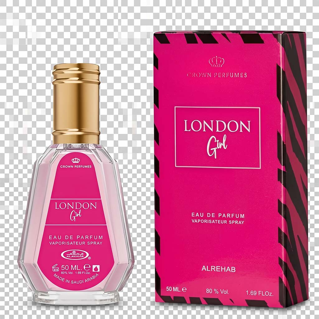 Pink perfume bottle and packaging with 'London Girl' branding on a transparent background