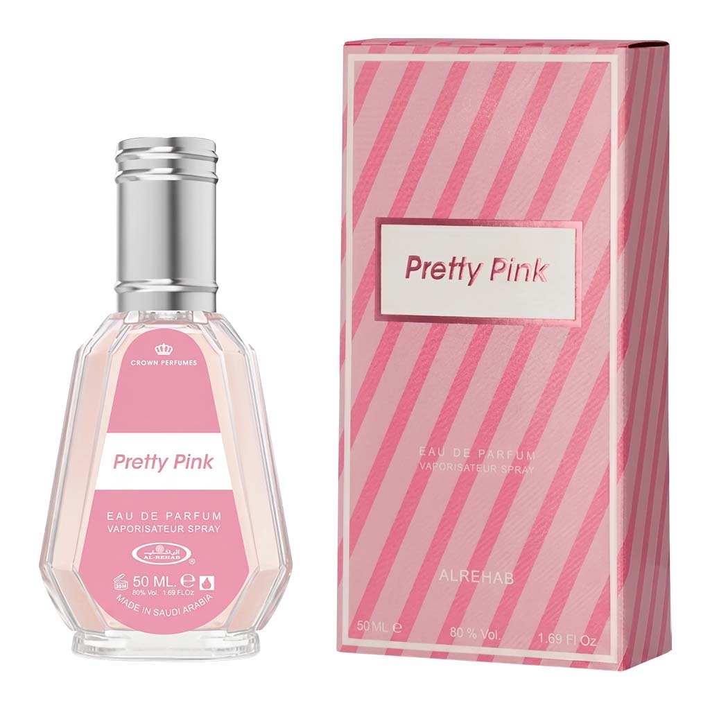 Pretty Pink perfume bottle and packaging on a white background