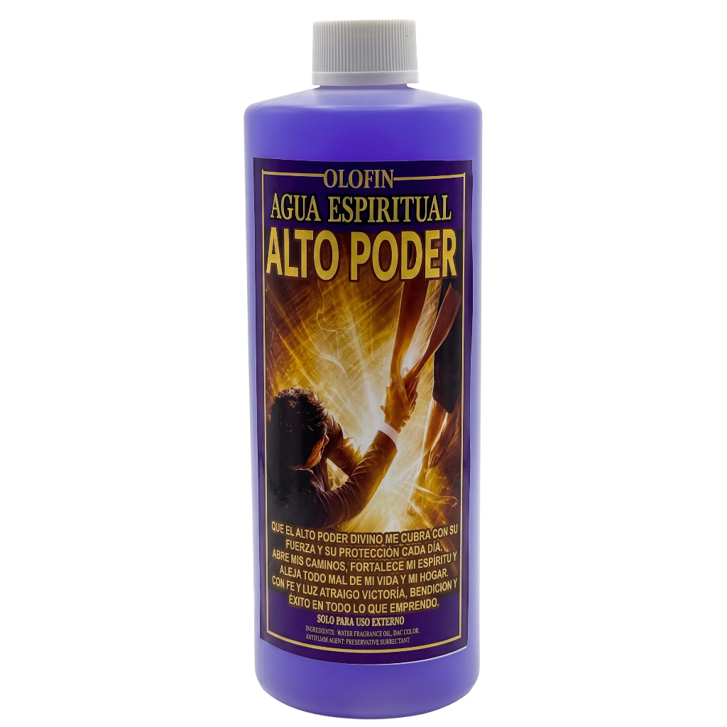 A purple plastic bottle of Olofin Agua Espiritual Alto Poder with a white cap and a detailed label showing a golden glowing figure.