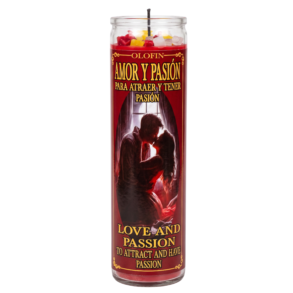 A tall glass jar candle with a black wick and colorful wax pieces visible at the top. The label is predominantly red with gold lettering reading 'Olofin Amor y Pasion' and an illustration of a romantic couple embracing.