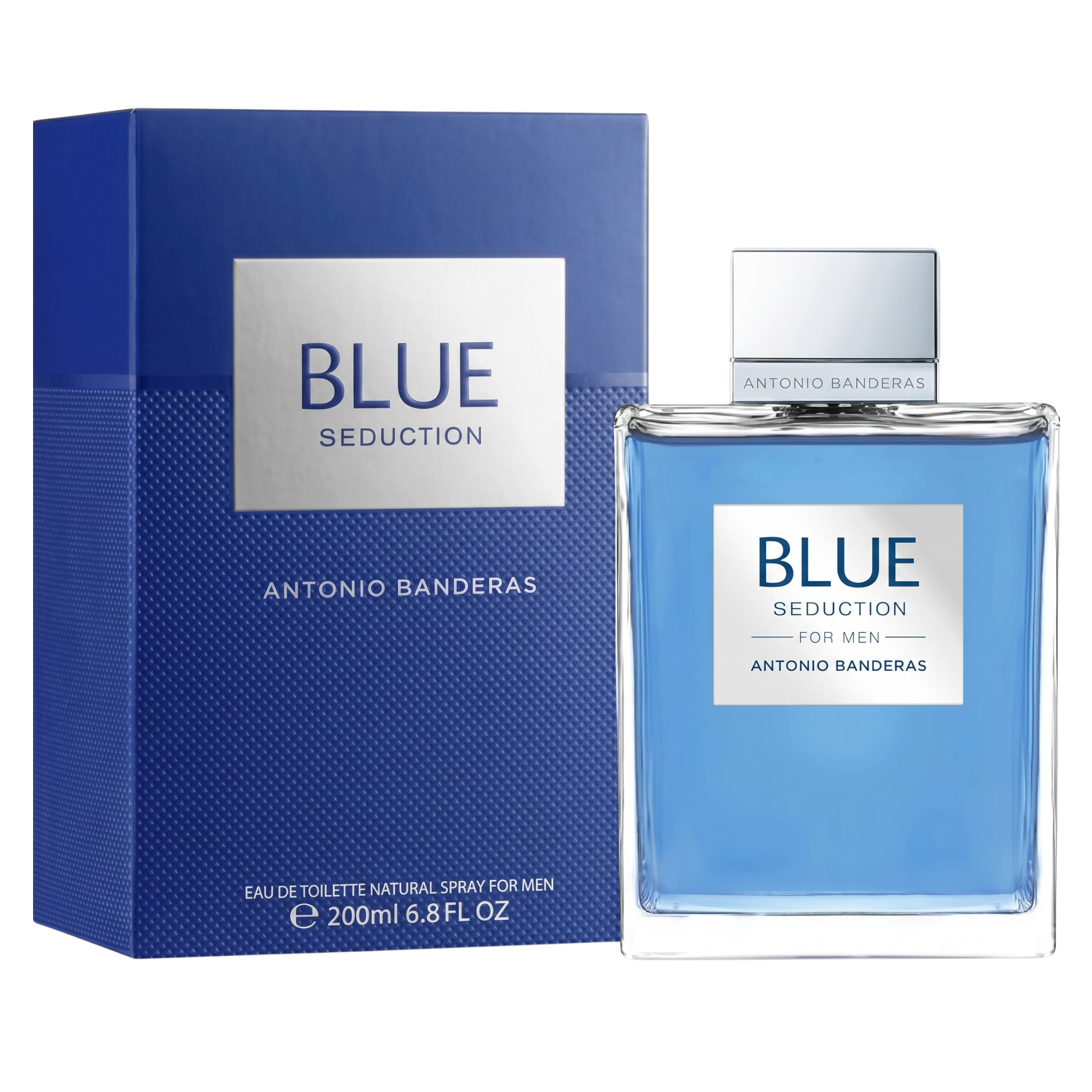 Antonio Banderas Blue Seduction perfume bottle and packaging on a white background
