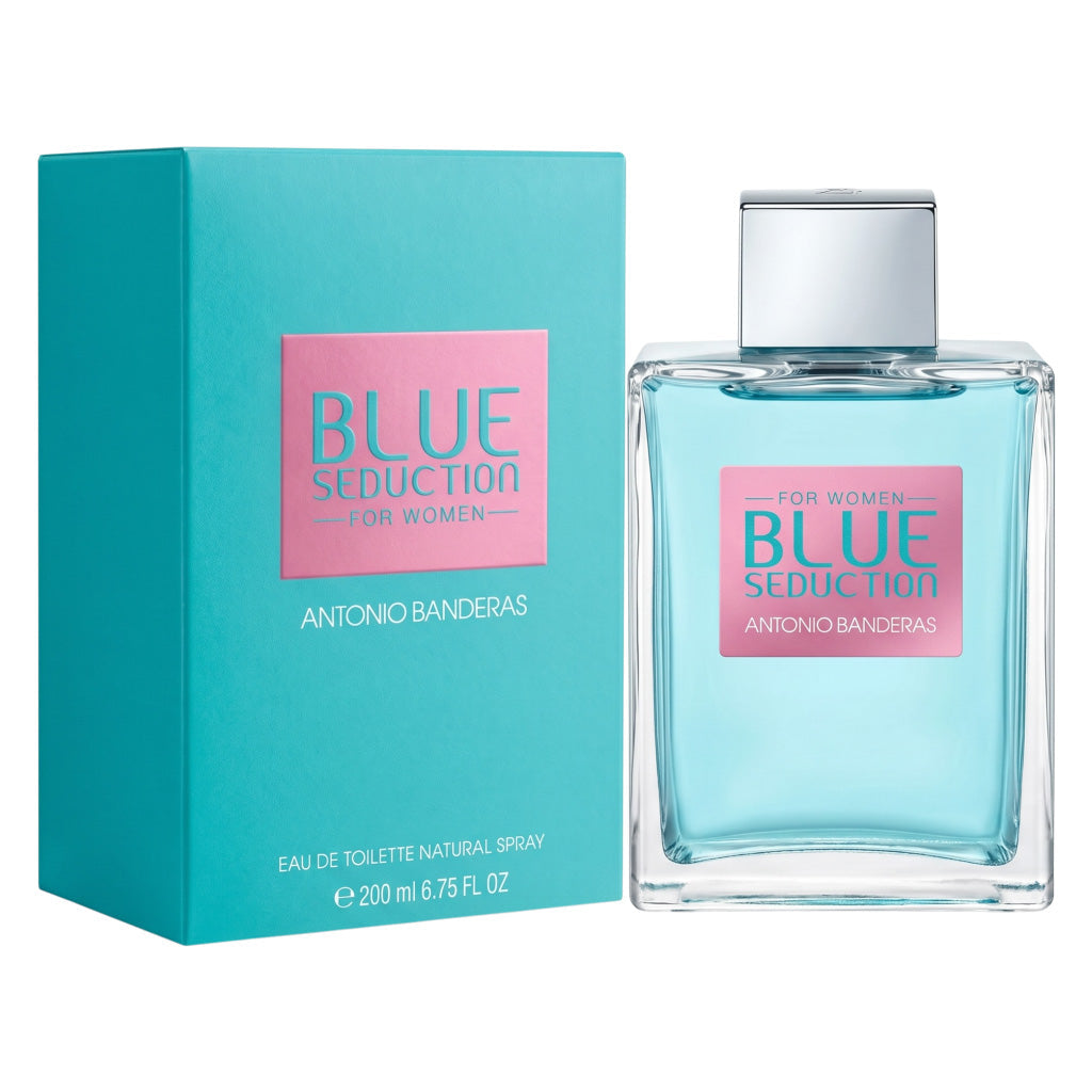 Antonio Banderas Blue Seduction perfume bottle and packaging on a white background