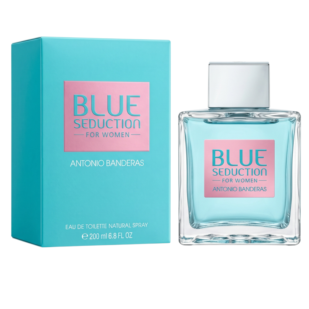 Antonio Banderas Blue Seduction perfume bottle and packaging on a white background