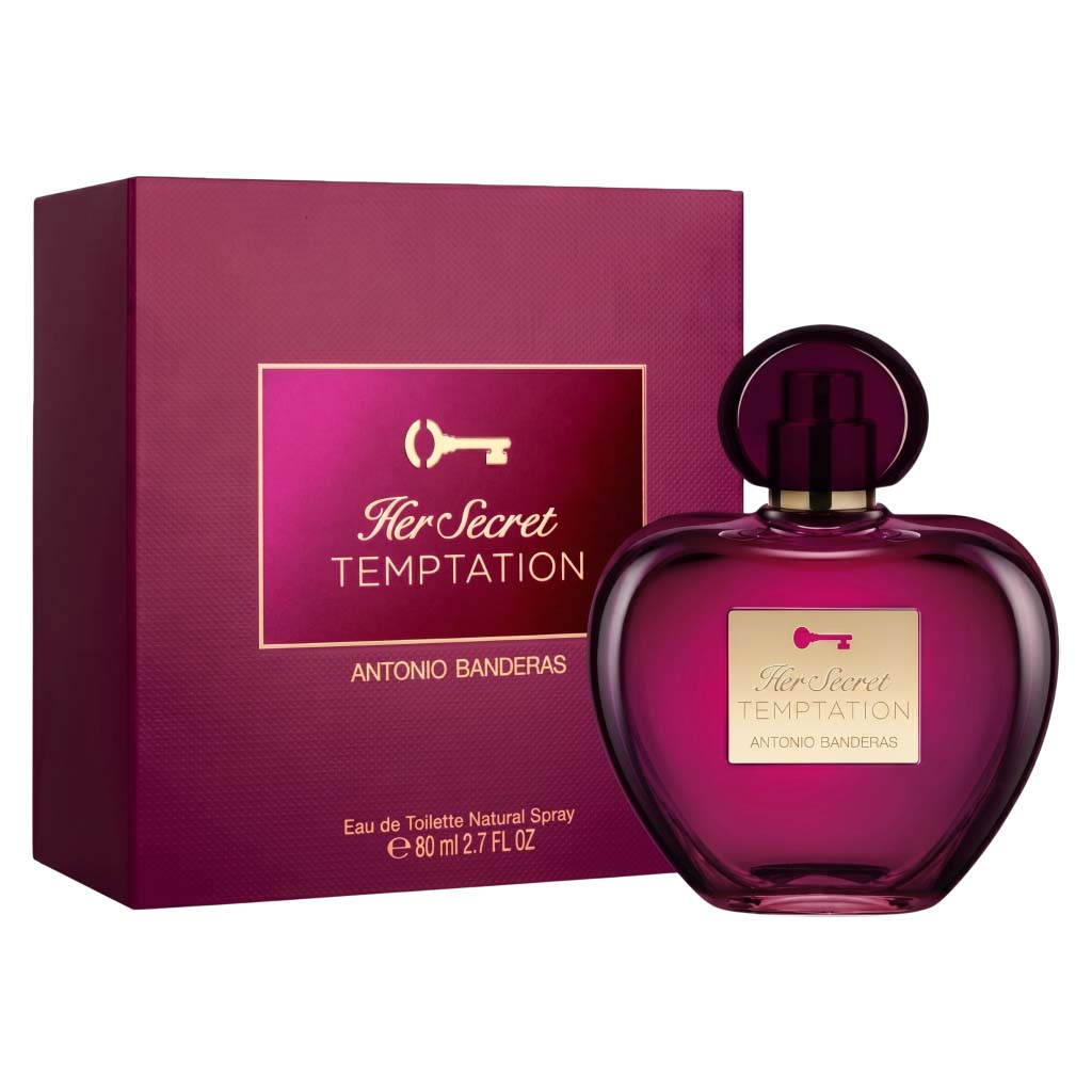 Perfume bottle and packaging of 'Her Secret Temptation' by Antonio Banderas on a white background