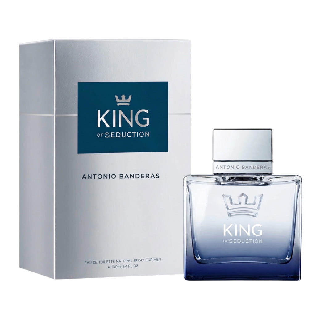 Antonio Banderas King of Seduction perfume bottle and packaging on a white background