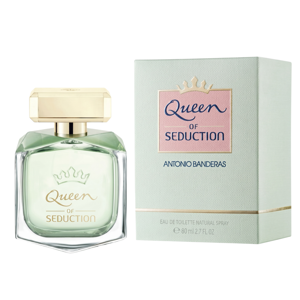 Perfume bottle and packaging of 'Queen of Seduction' by Antonio Banderas on a white background