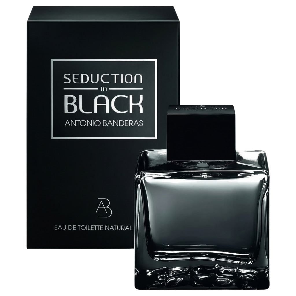 Perfume bottle and packaging of 'Seduction in Black' by Antonio Banderas on a white background