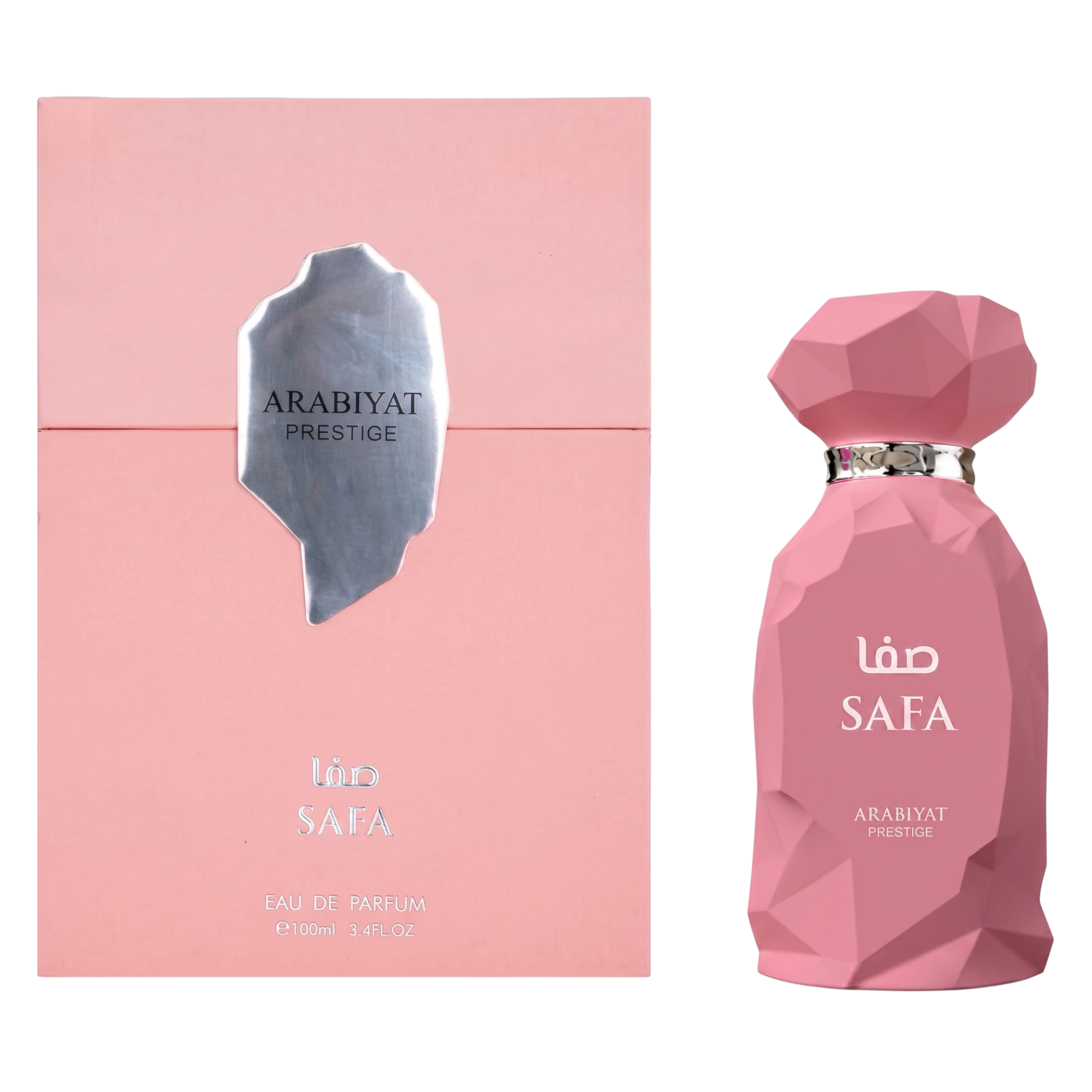 Pink perfume bottle and packaging with 'Arabiyat Prestige' branding on a white background