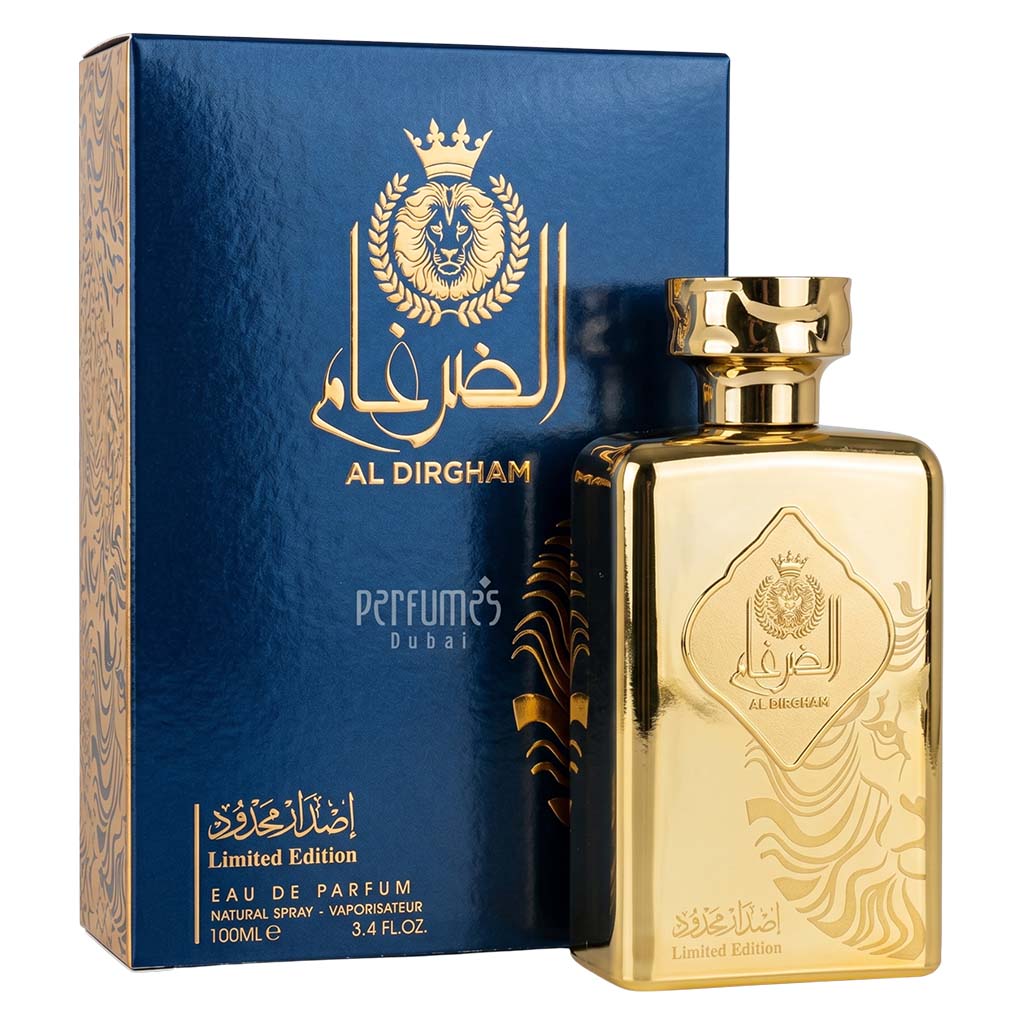 Gold perfume bottle and blue packaging with 'Al Dirgham' branding on a white background