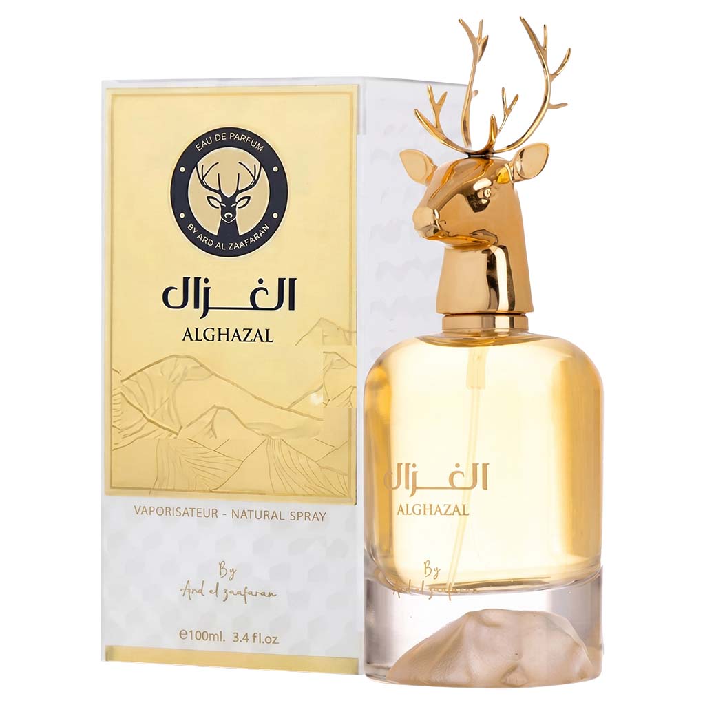 Gold perfume bottle with deer design and packaging on a white background