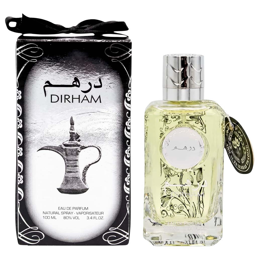 Perfume bottle and packaging with 'Dirham' branding on a white background