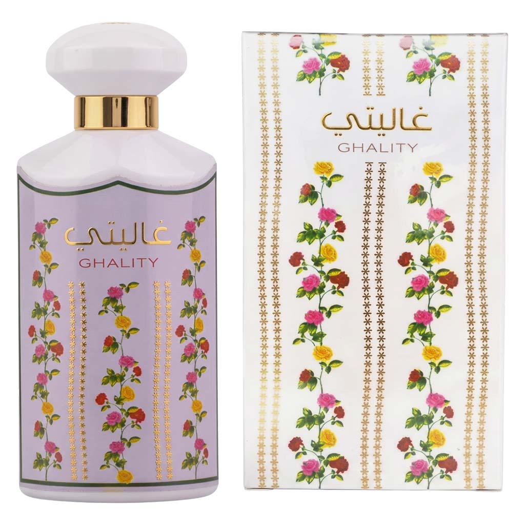 Ghality perfume bottle and packaging with floral design on a white background