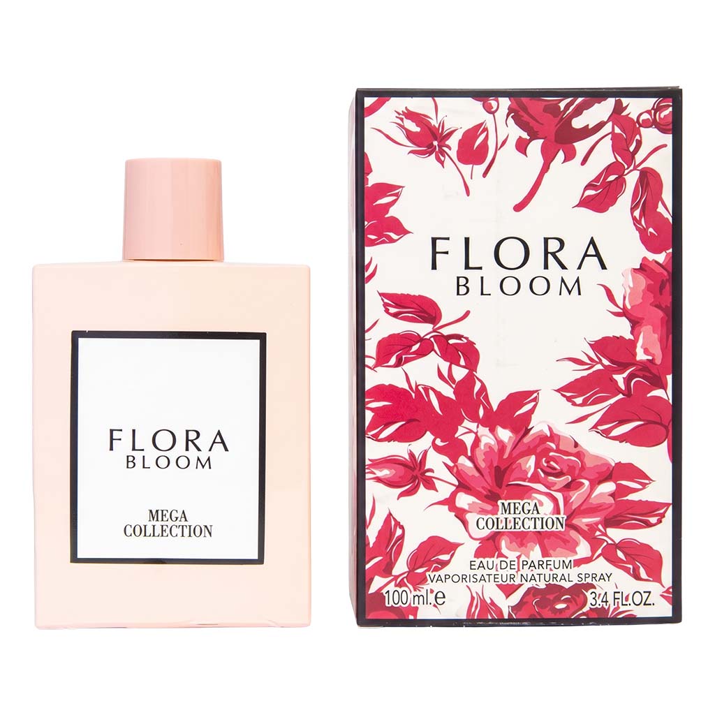 Flora Bloom perfume bottle and packaging on a white background