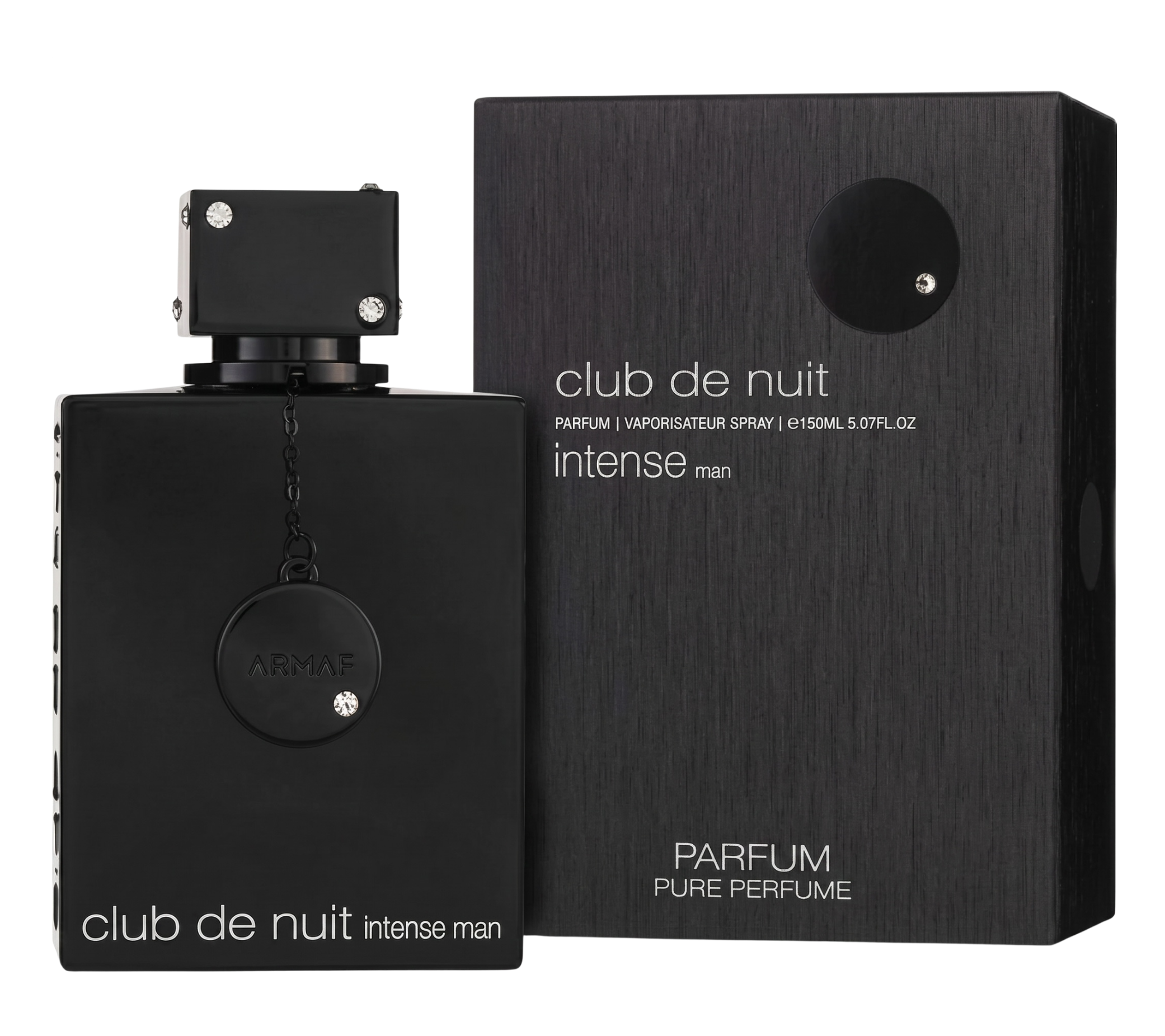 Black Armaf Club de Nuit Intense Man perfume bottle and packaging on a white background