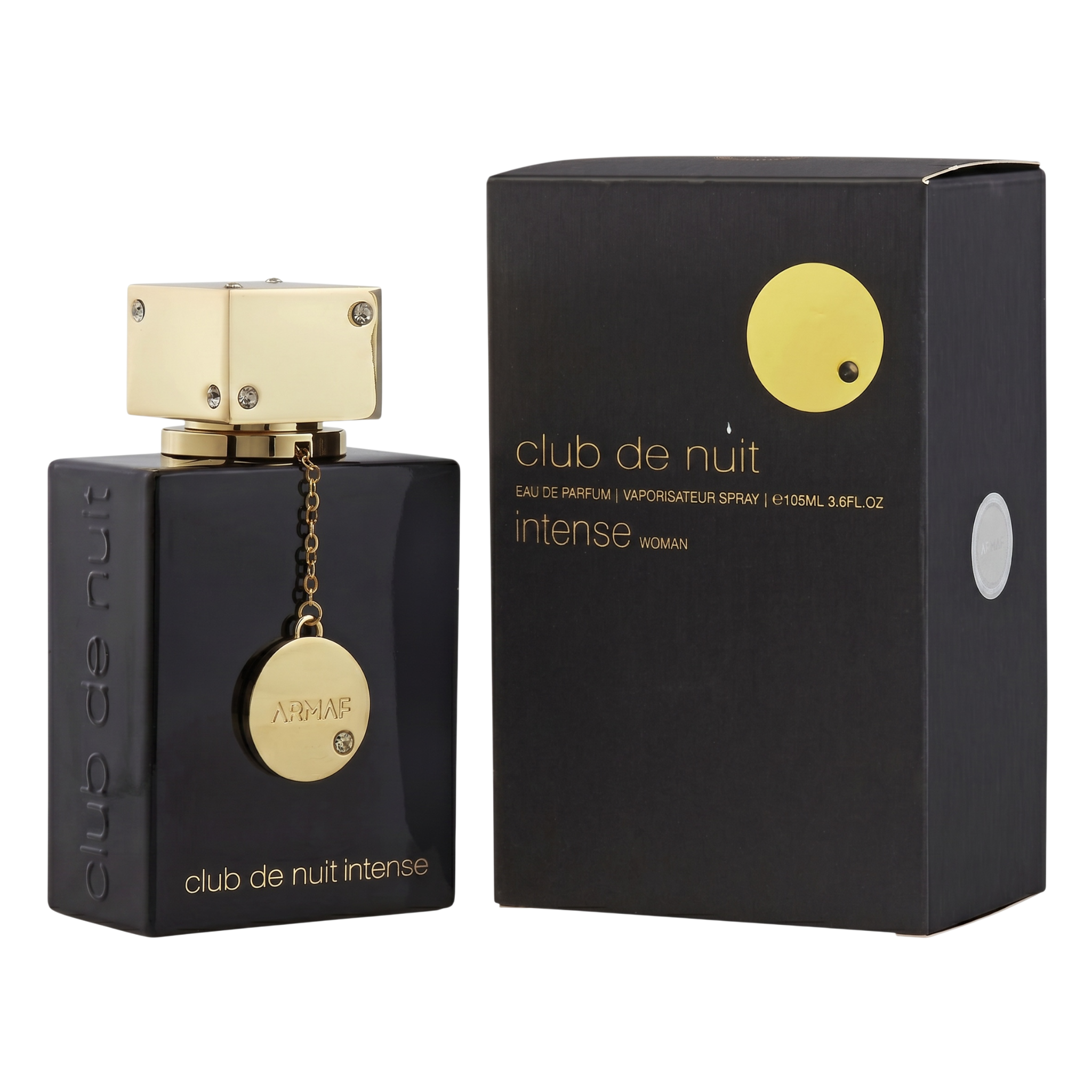 Black and gold 'club de nuit intense' perfume bottle and packaging on a white background