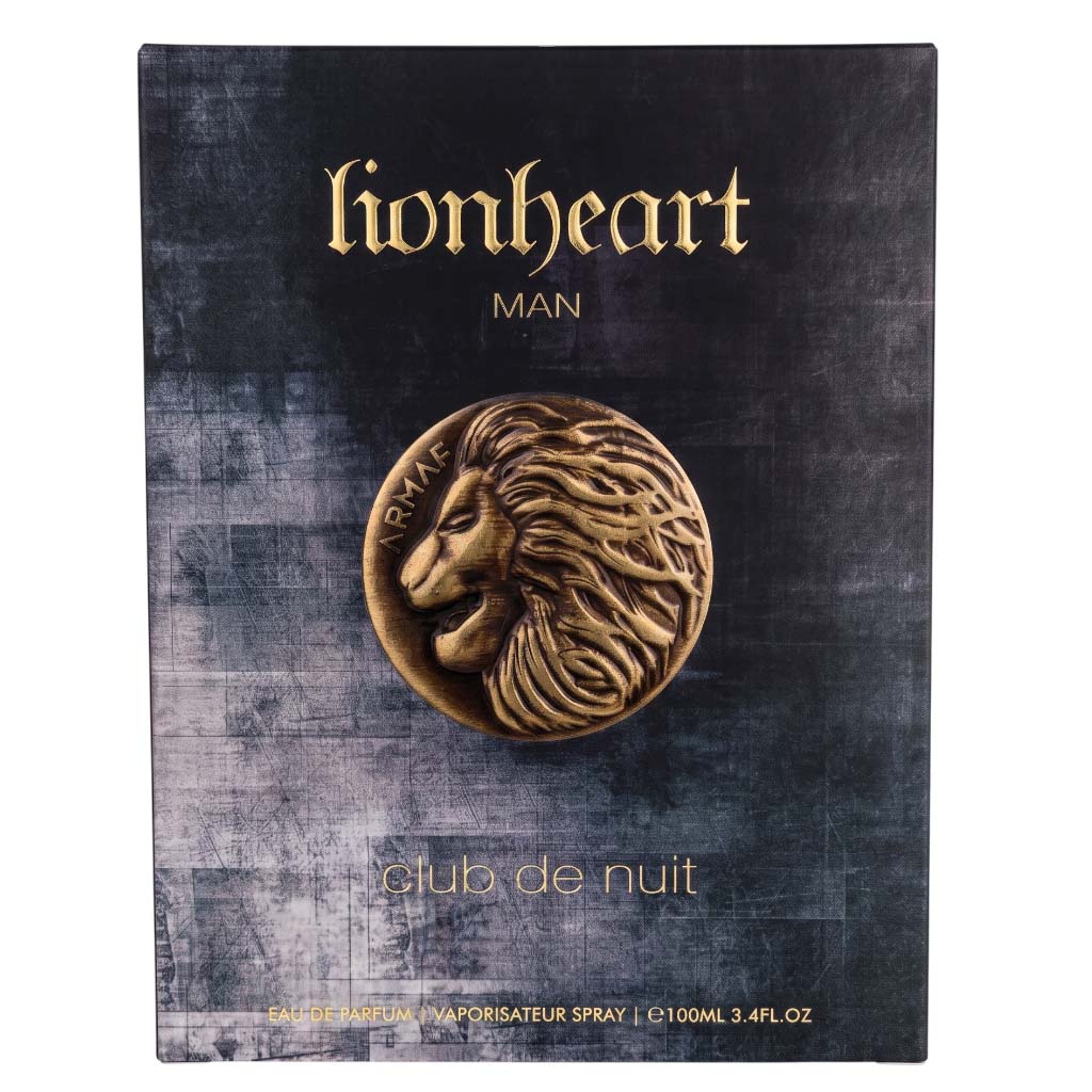 Lionheart Man Club de Nuit cologne packaging box, featuring a textured dark gray and black background with gold lettering and a central gold lion head medallion.