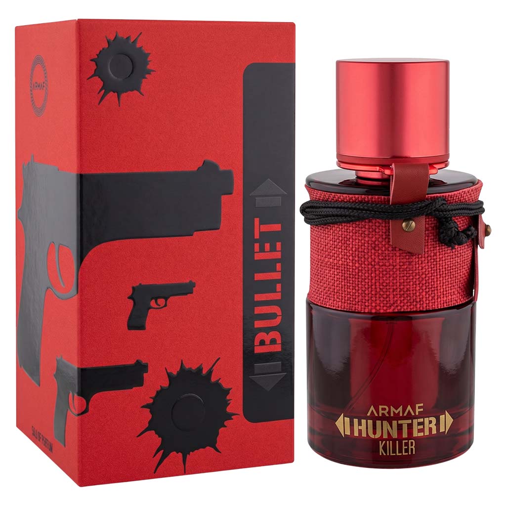 Red Armaf Hunter Killer perfume bottle with matching packaging on a white background