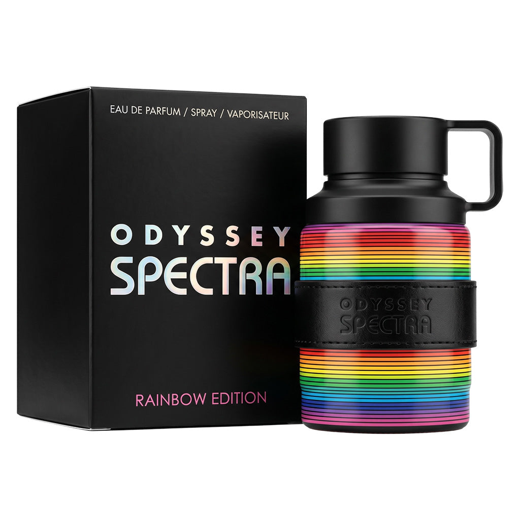 Odyssey Spectra Rainbow Edition perfume bottle and packaging on a white background
