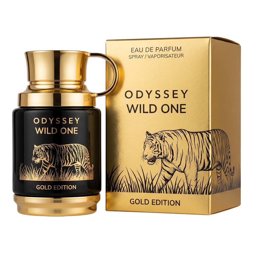 Odyssey Wild One Gold Edition Eau de Parfum bottle and packaging with tiger illustration.