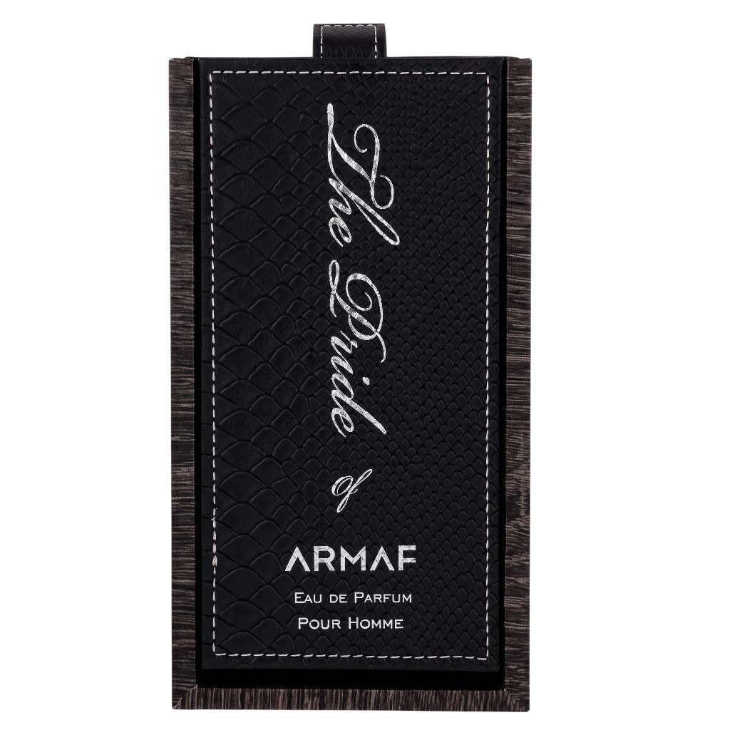 A rectangular black leather perfume tag or label with white stitched border, featuring the text 'The Pride of ARMAF' and 'Eau de Parfum Pour Homme' in white on a white background.