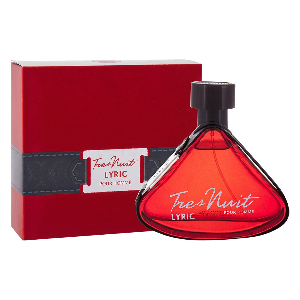 Red perfume bottle and packaging with 'Fres Nuit Lyric' branding on a white background