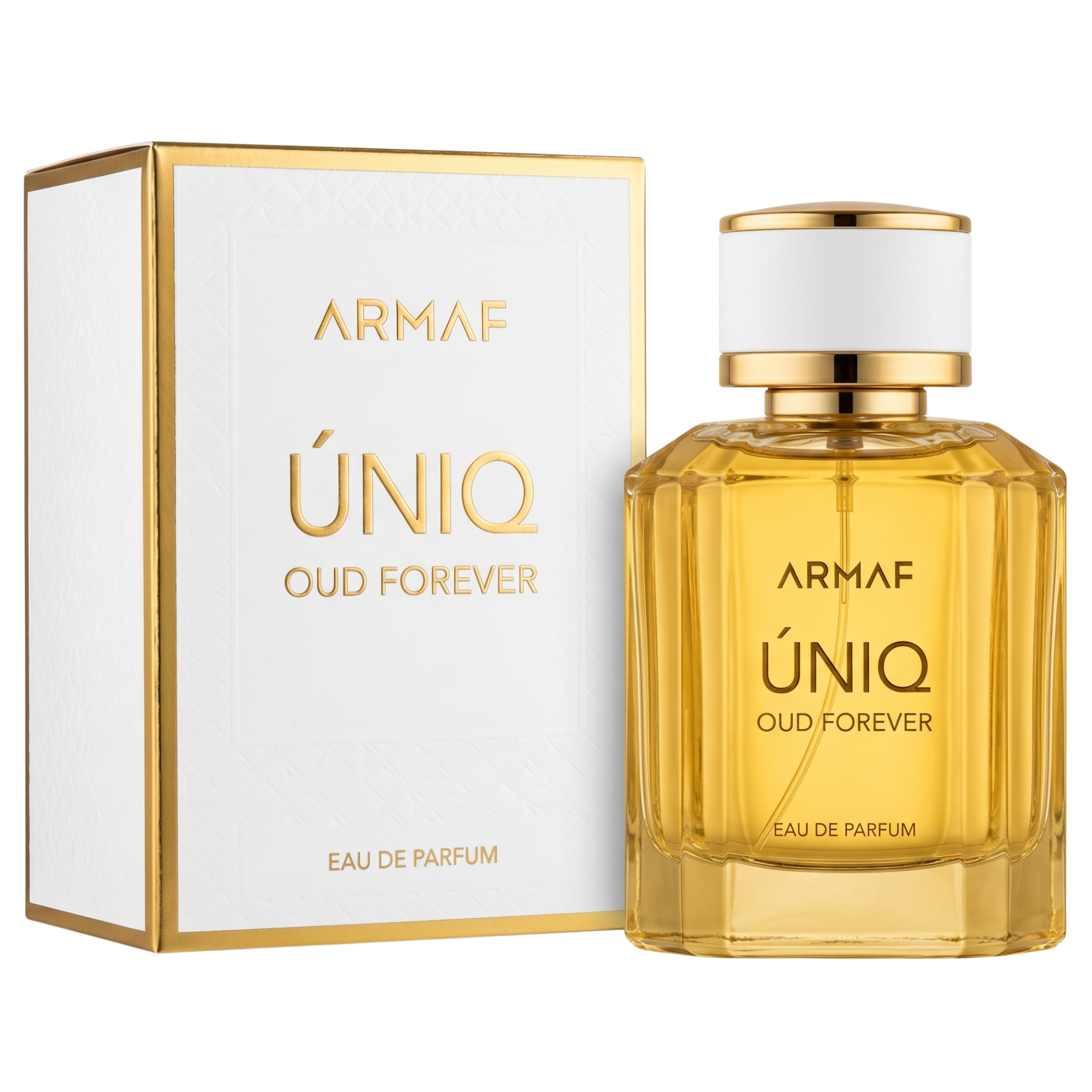 Armaf Uniq Oud Forever perfume bottle and packaging on a white background