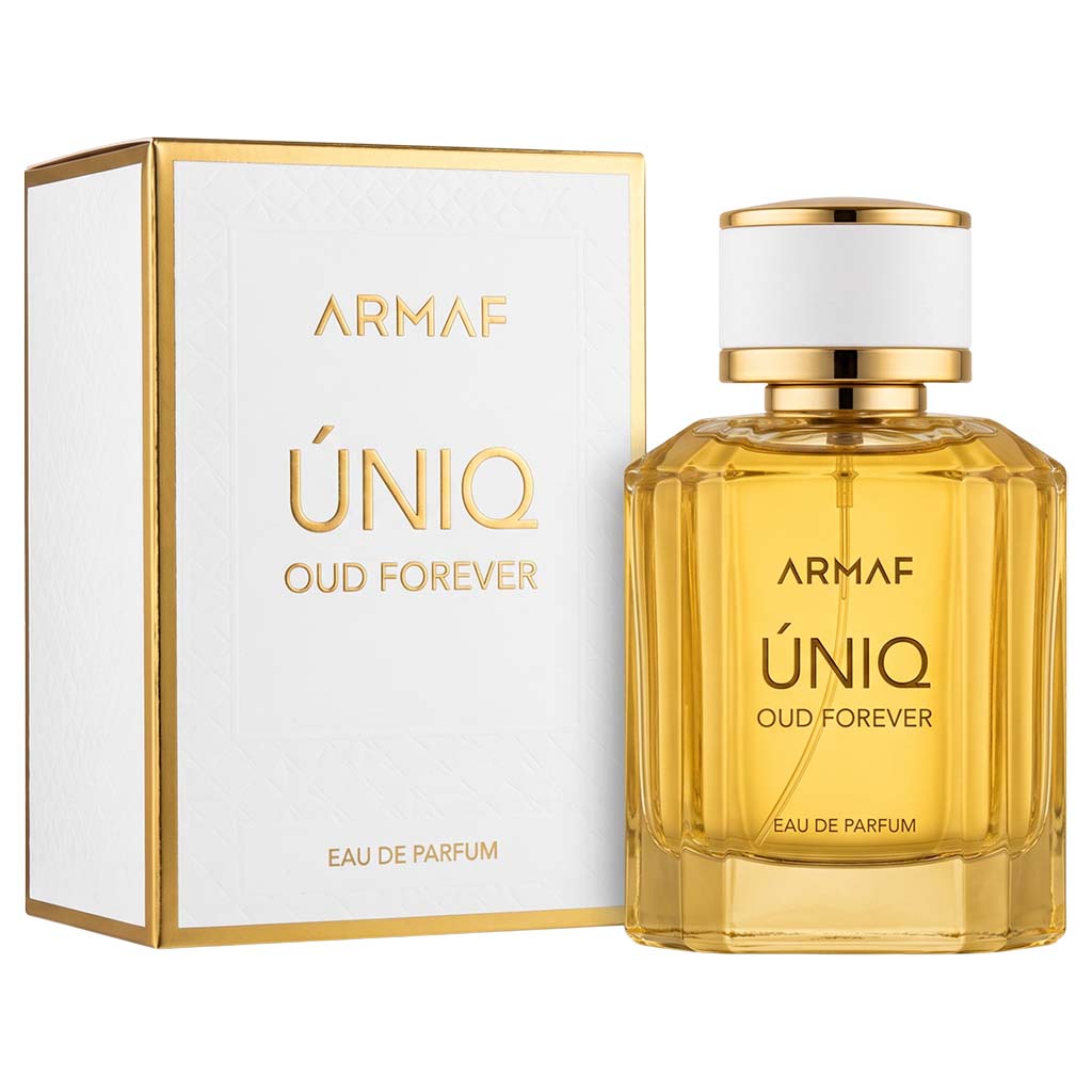 Armaf Uniq Oud Forever perfume bottle and packaging on a white background