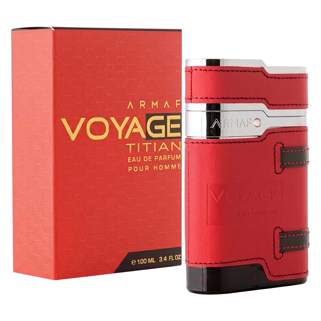 Red Armaf Voyage Titan perfume bottle and packaging on a white background