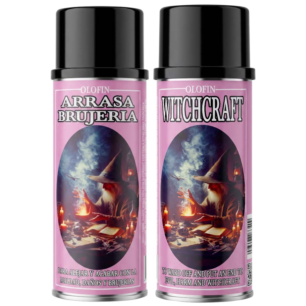 Two Olofin Arrasa Brujeria and Witchcraft themed spray paint cans with black caps and pink labels featuring a wizard illustration, set against a plain white background.
