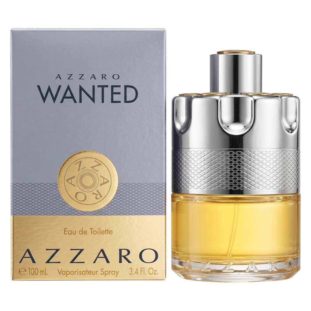 Azzaro Wanted perfume bottle and packaging on a white background