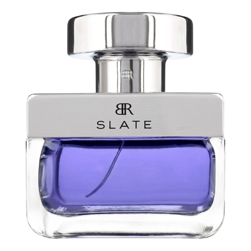 Perfume bottle with silver cap and purple liquid on a white background