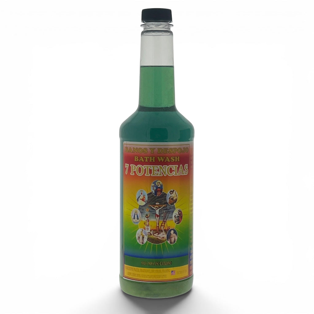 A bottle of 'Potencias' bath wash by 'Bajo de Agua' on a white background. The bottle is filled with green liquid and features a colorful label with religious imagery and text.