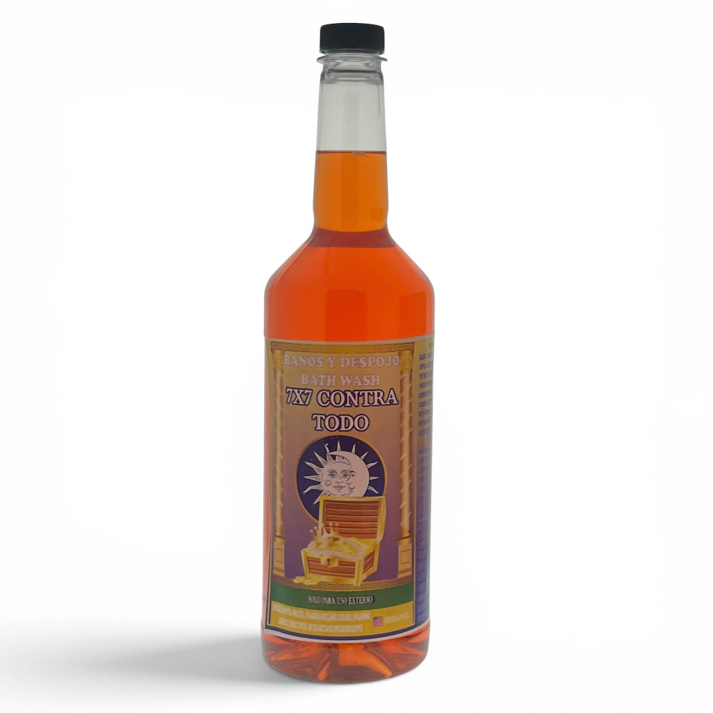 A bottle of 'Nin Contra Todo' natural body wash with amber liquid, a black cap, and a colorful label, shown on a white background with a soft shadow.