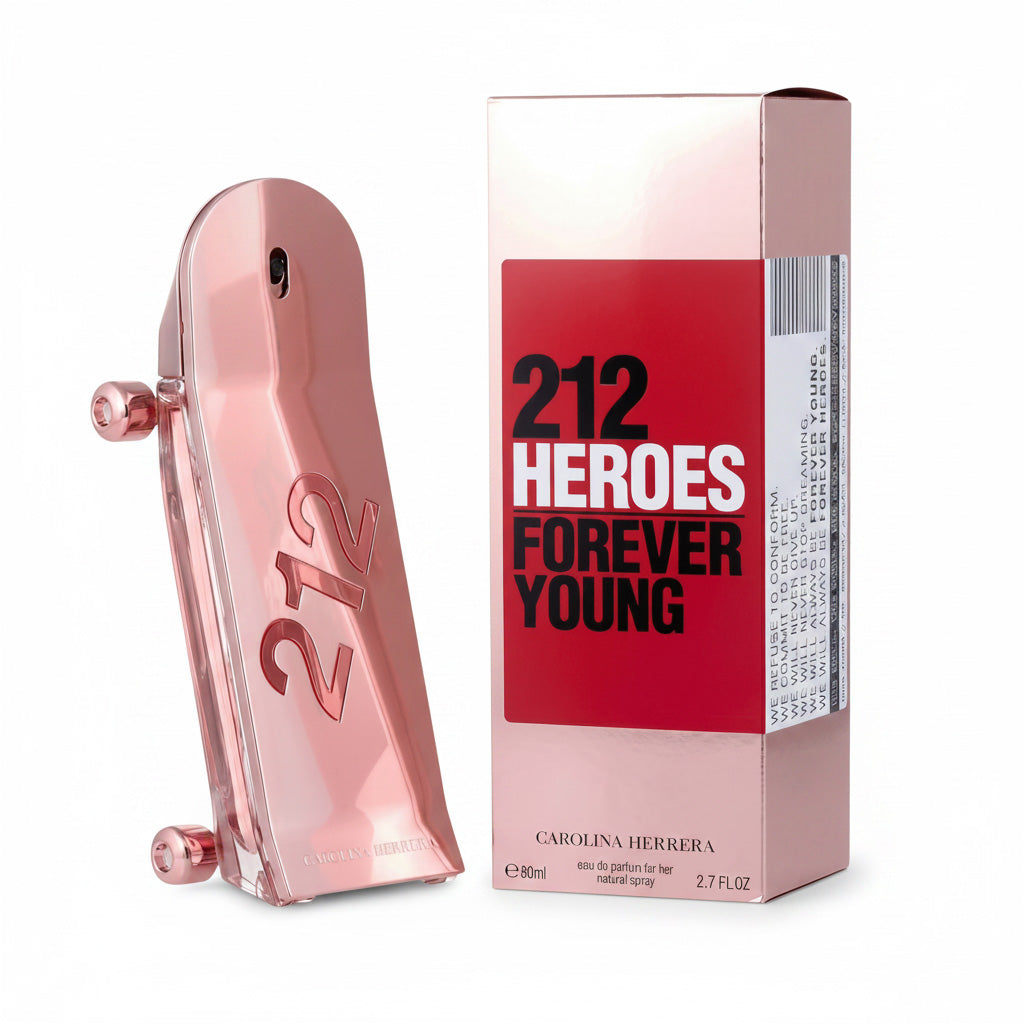Pink perfume bottle and packaging of Carolina Herrera 212 Heroes Forever Young on a white background