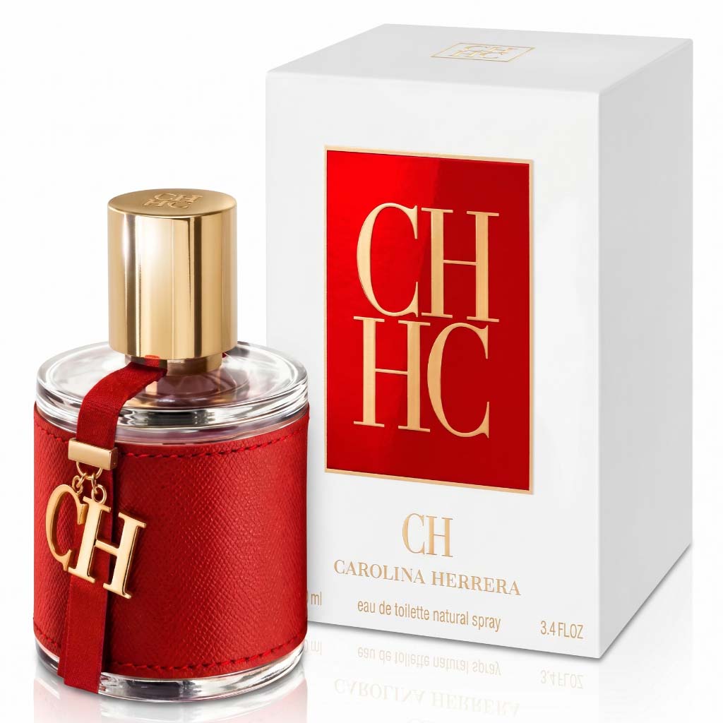 Carolina Herrera perfume bottle and packaging on a white background
