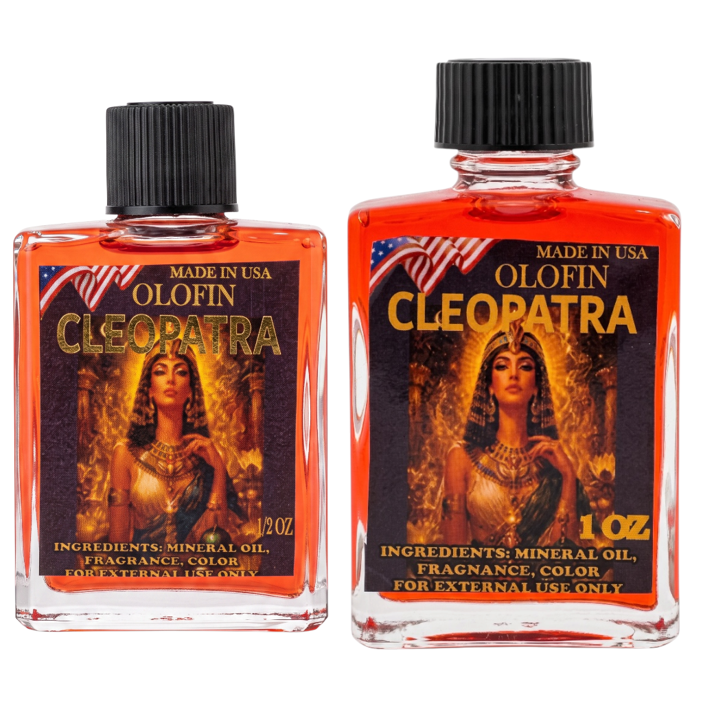 Two clear glass bottles of Olofin Cleopatra fragrance oil with black caps, shown on a white background. One bottle is 1.