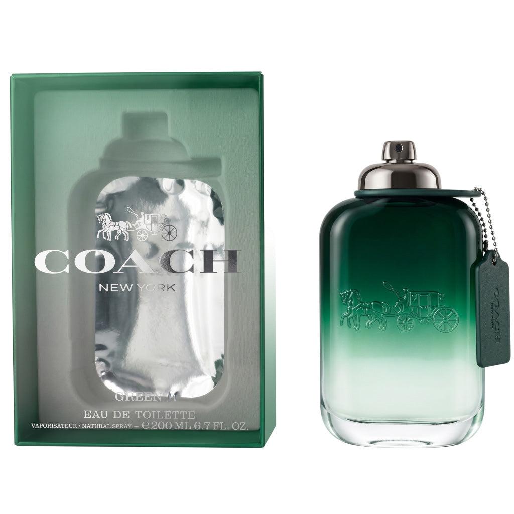Coach New York Green Eau de Toilette bottle and packaging on a white background