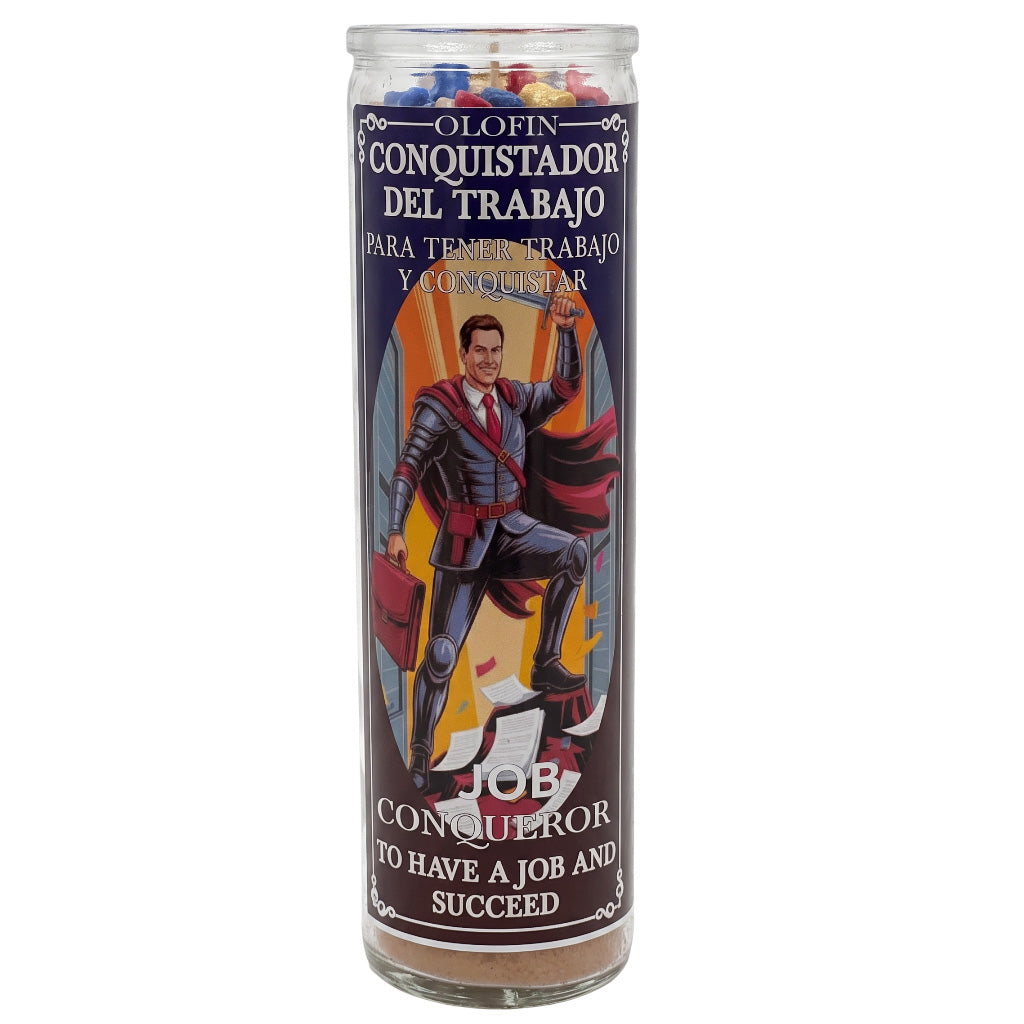 A tall glass jar candle with a printed label featuring a man in a suit and the Spanish text 'Olofin Conquistador del Trabajo' and English text 'Job Conqueror To Have A Job And Succeed'. The candle contains multicolored wax pieces visible at the top, and brown wax is visible at the bottom.