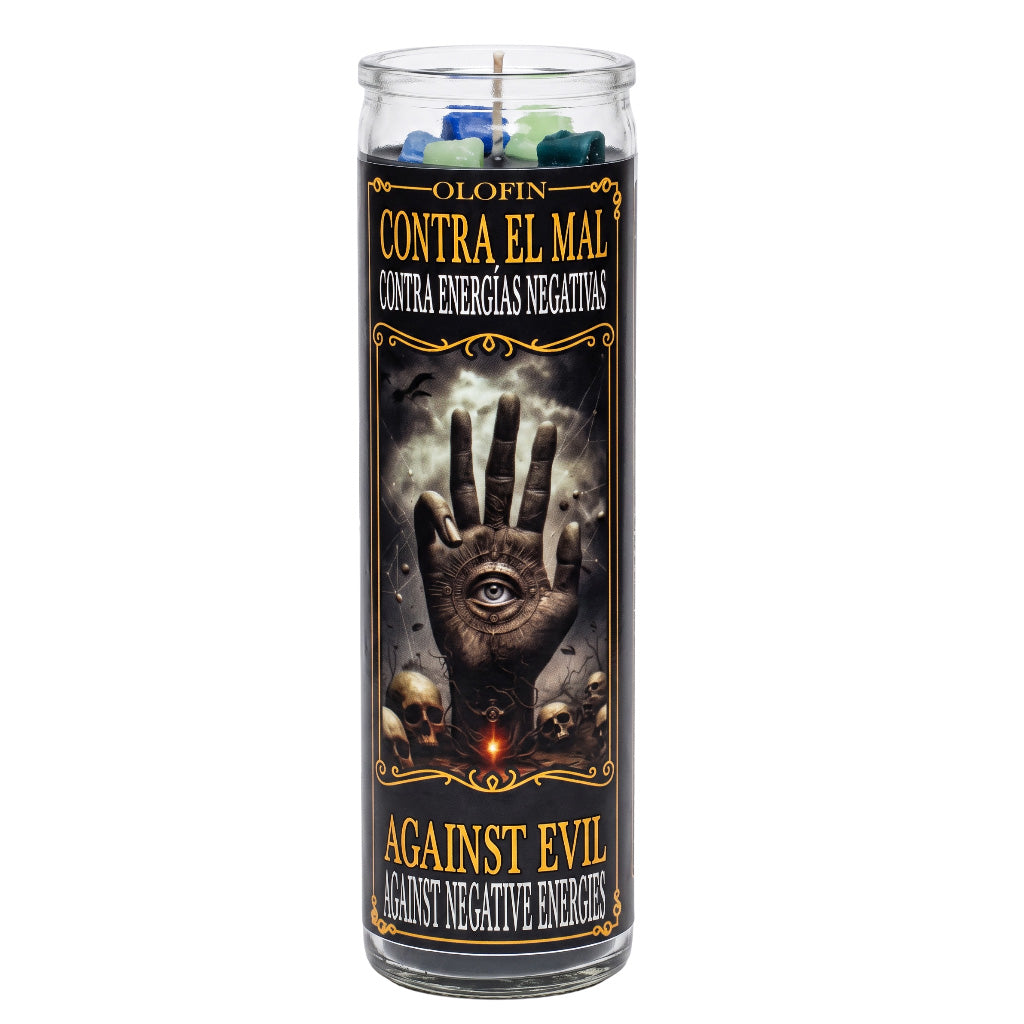 A tall glass jar candle labeled 'Olofin Contra El Mal / Against Evil' with a black label featuring a hand with an eye and dark gothic artwork, shown on a plain white background.