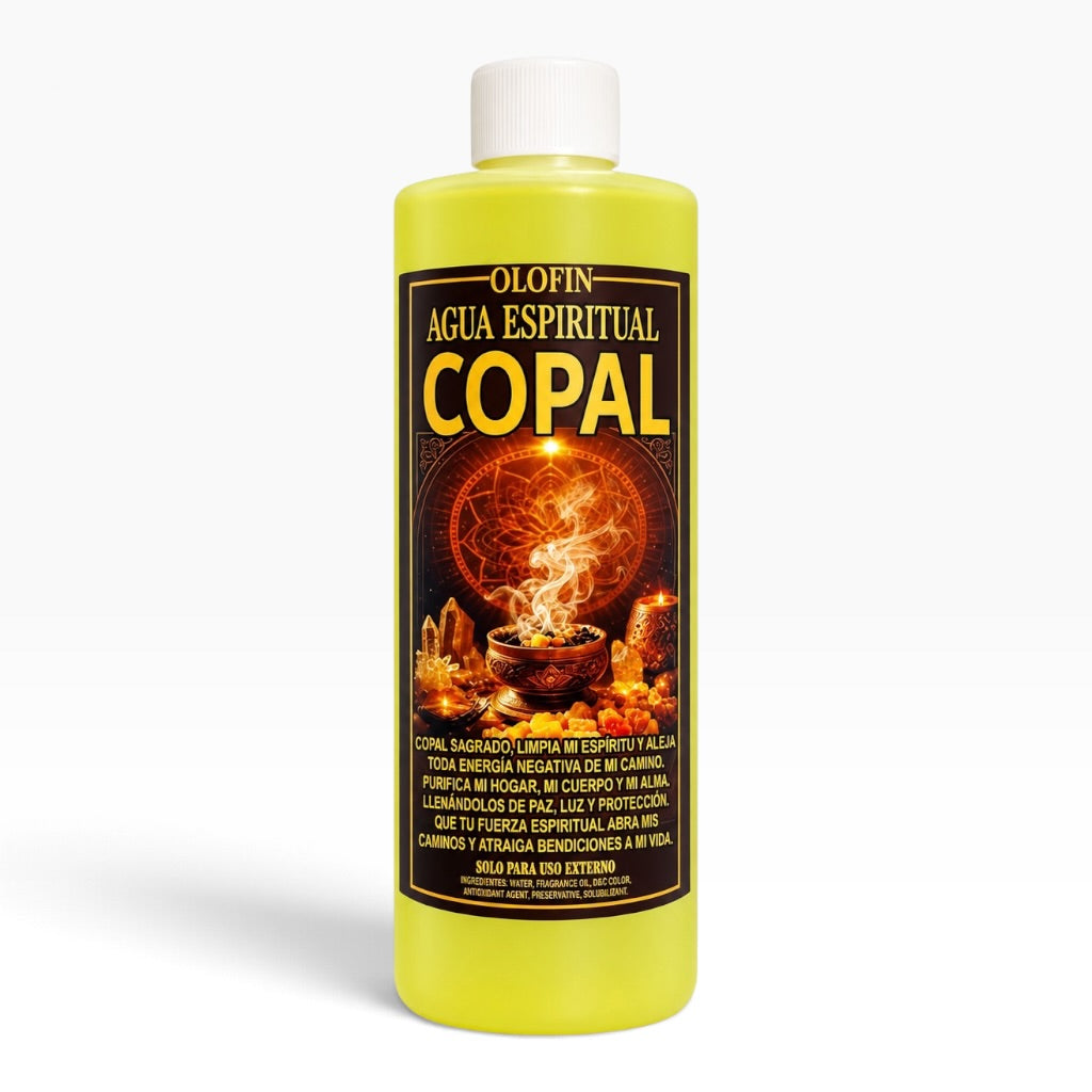 A bottle of Olofin Agua Espiritual Copal (spiritual water) with a white cap and a black label featuring a fiery orange and yellow design, set against a plain white background.