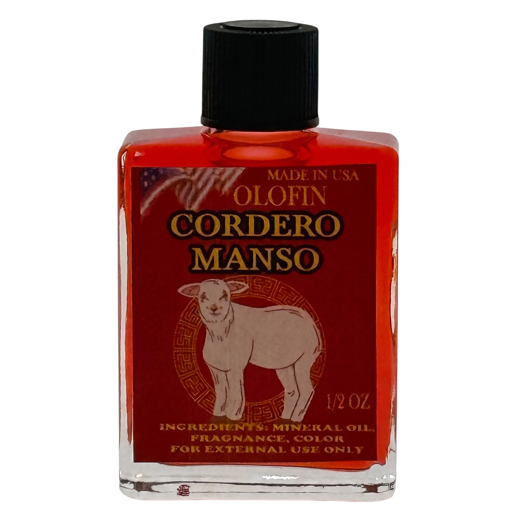 A 1/2 oz glass bottle of Olofin Cordero Manso fragrance oil with a black cap, featuring a red label with a sheep illustration and product details.