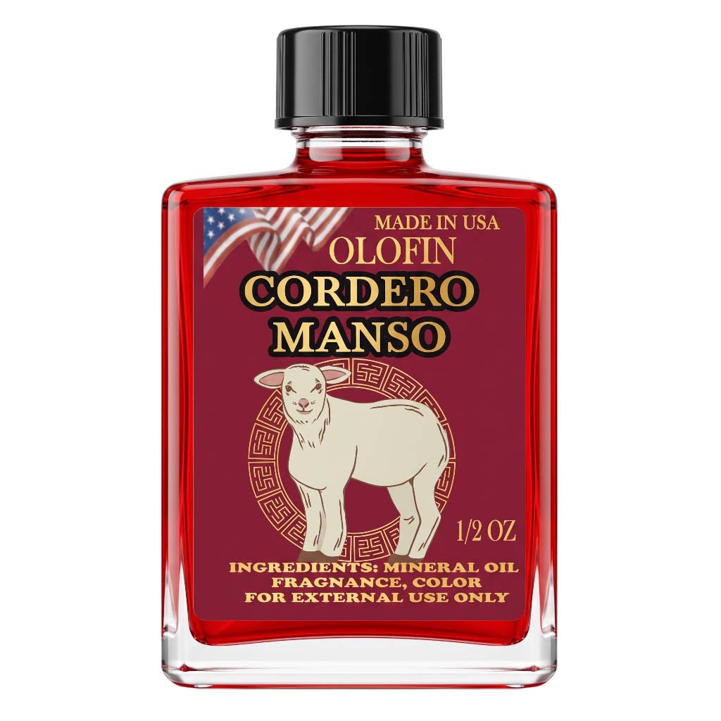 A 1/2 oz glass bottle of Olofin Cordero Manso fragrance oil, featuring a deep red liquid and a black cap, with a red label depicting a white ram and gold lettering.